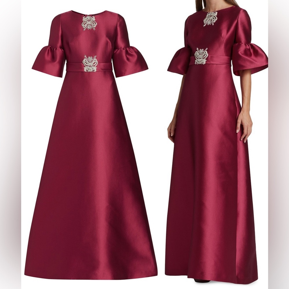Reem Acra Satin Brooch Trumpet Gown